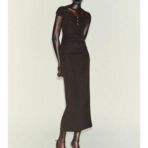 Zara Off-Shoulder Maxi Dress in Dark Brown